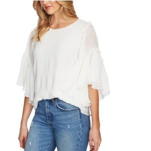 1.State white flounce sleeve pleated blouse